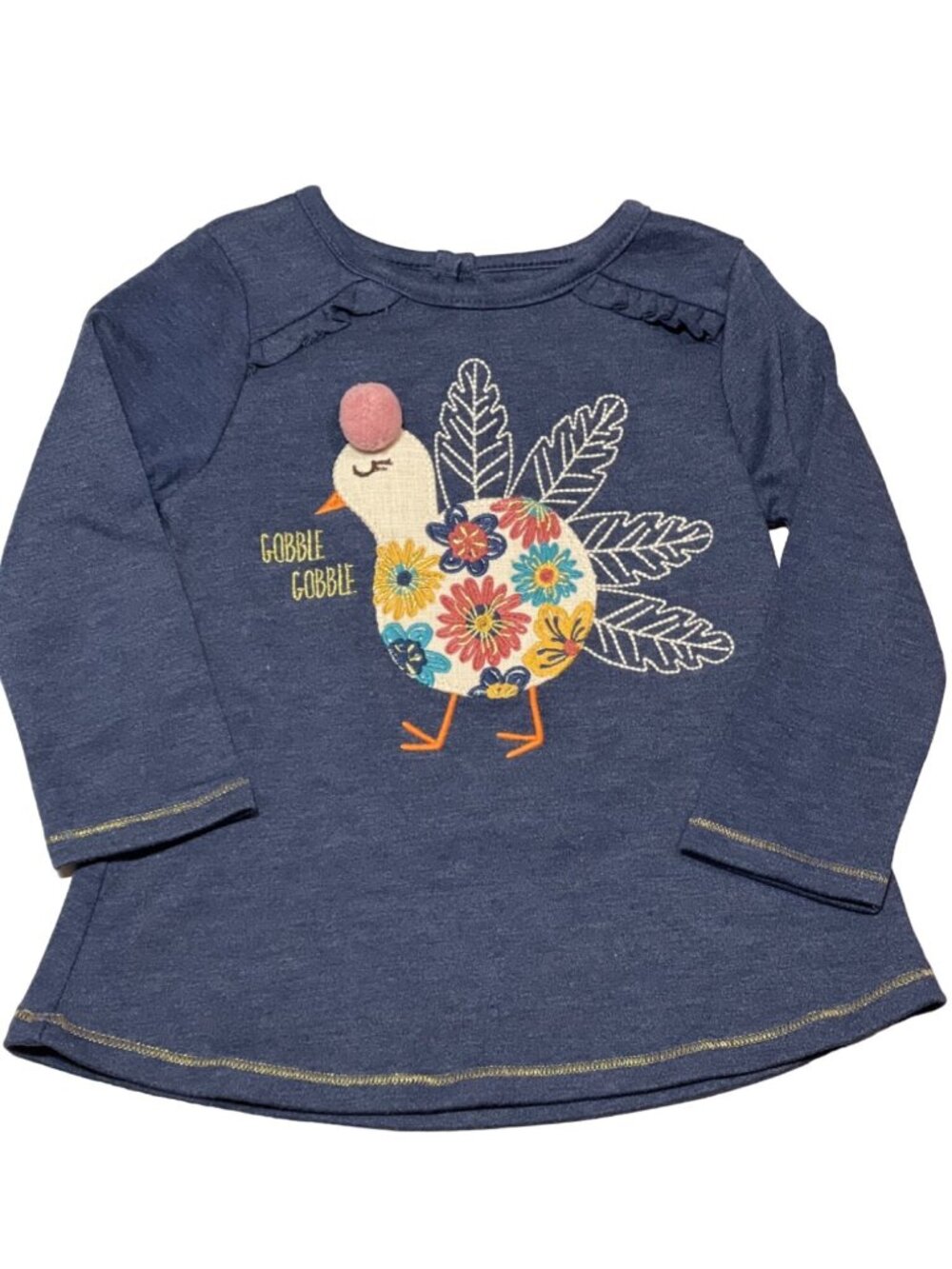 Mud Pie 12m 18m NWT blue Thanksgiving Turkey shirt applique embroidery Gobble